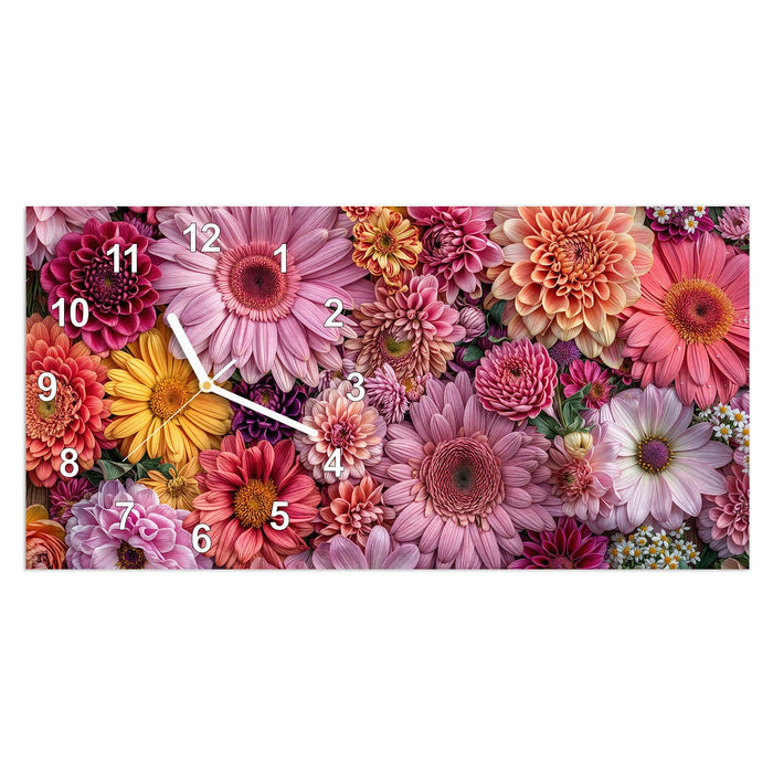 Wanduhr Bunte Blumenpracht aus Glas – Querformat 60 × 30 cm mit Ziffernblatt Modern