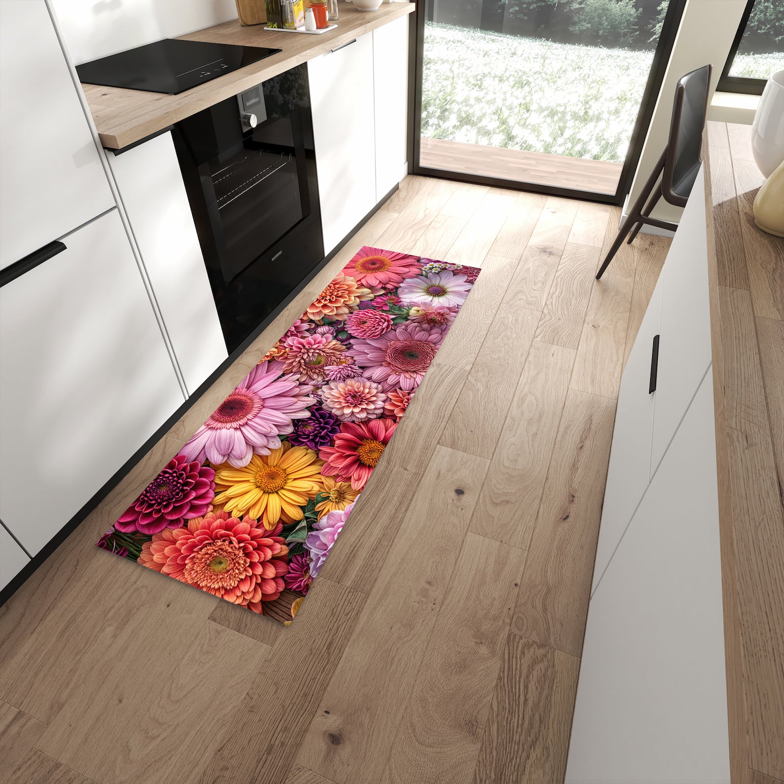 UV-beständiger waschbarer Küchenteppich mit Motiv Bunte Blumenpracht in moderner Küche