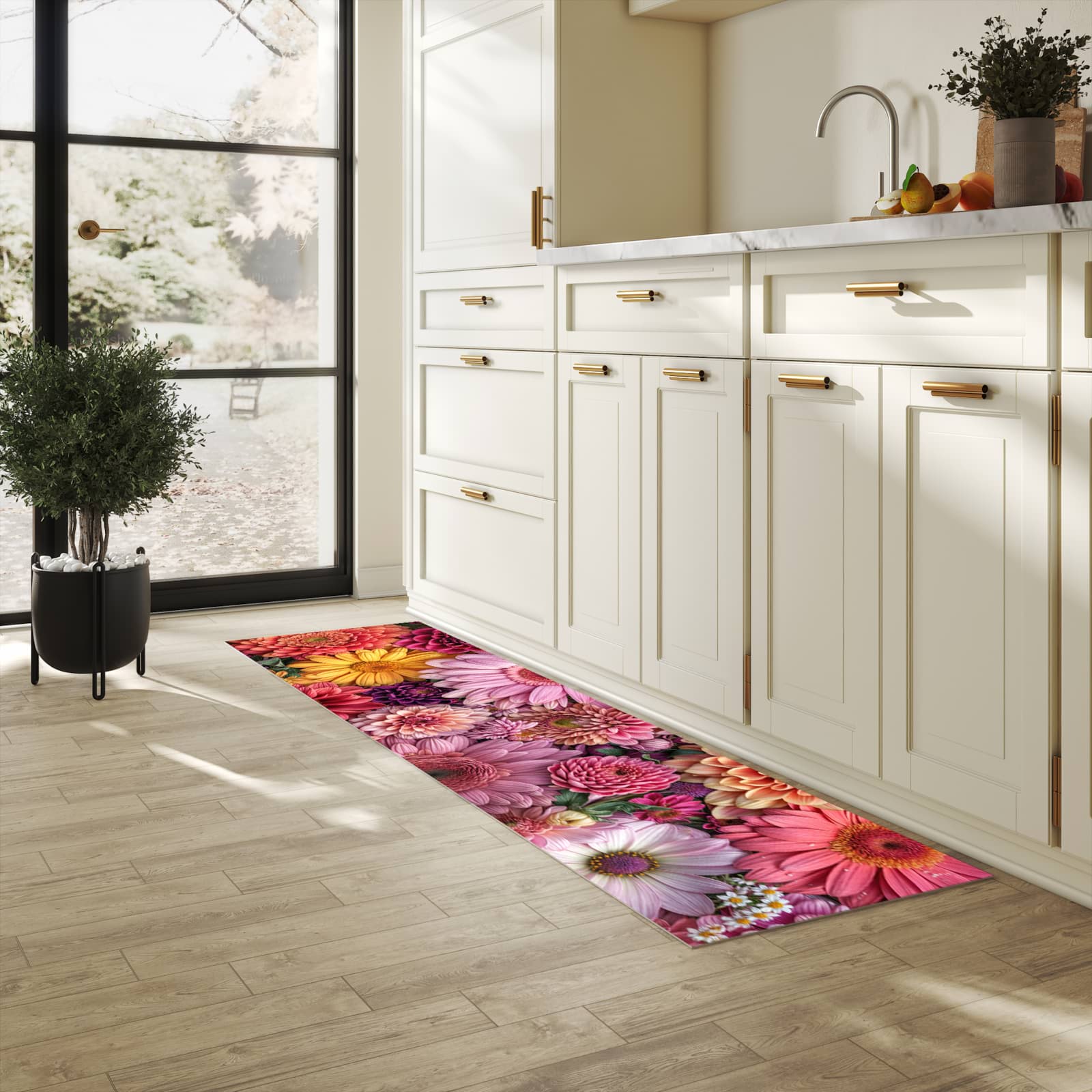 Schmutzabweisender Küchenläufer mit Motiv Bunte Blumenpracht in heller Küche