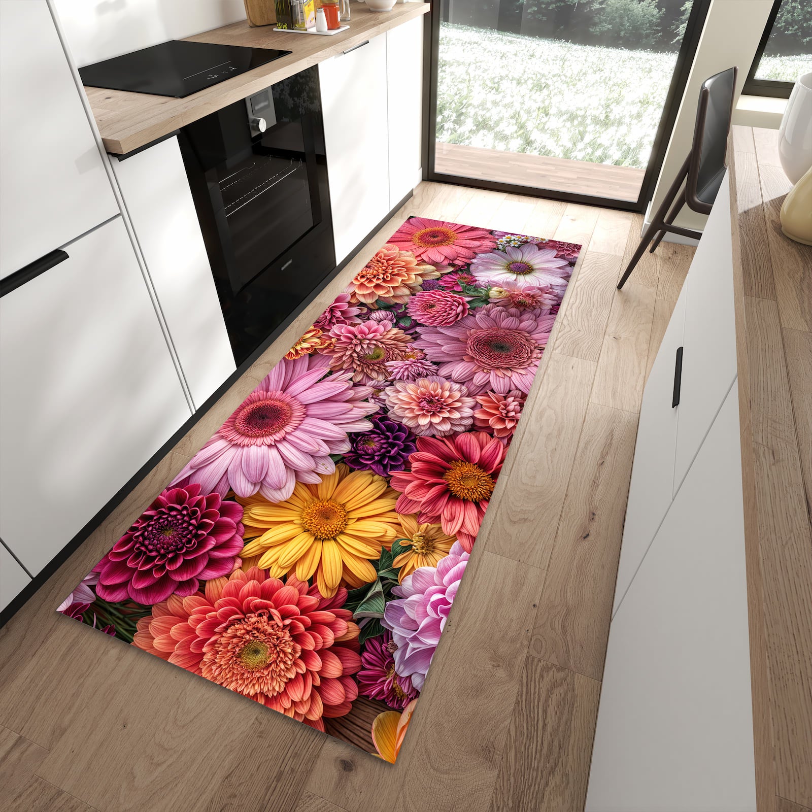 Rutschfester Küchenteppich mit Motiv Bunte Blumenpracht in moderner Küche