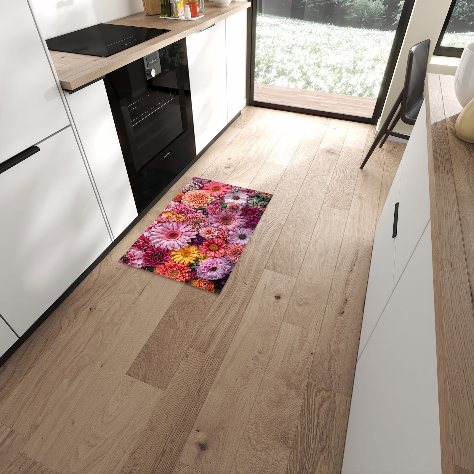 Schmutzabweisender Bodenläufer mit Motiv Bunte Blumenpracht in moderner Küche