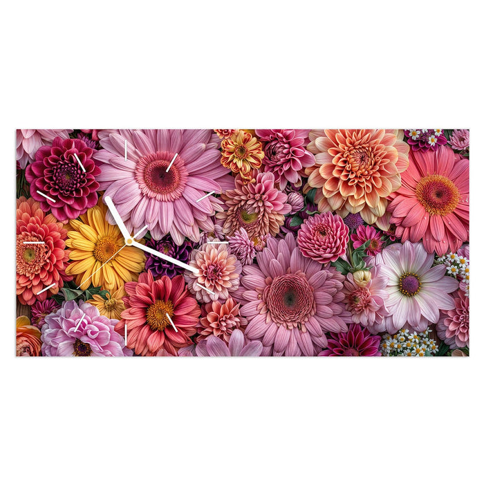 Wanduhr Bunte Blumenpracht aus Glas – Querformat 60 × 30 cm mit Ziffernblatt Linie