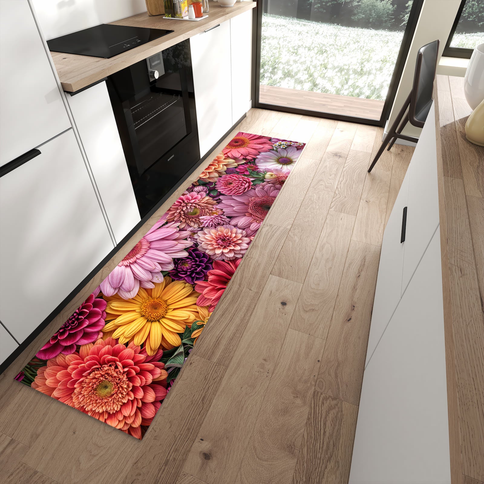 Küchenteppich mit Motiv Bunte Blumenpracht für Trittkomfort in moderner Küche, waschbar