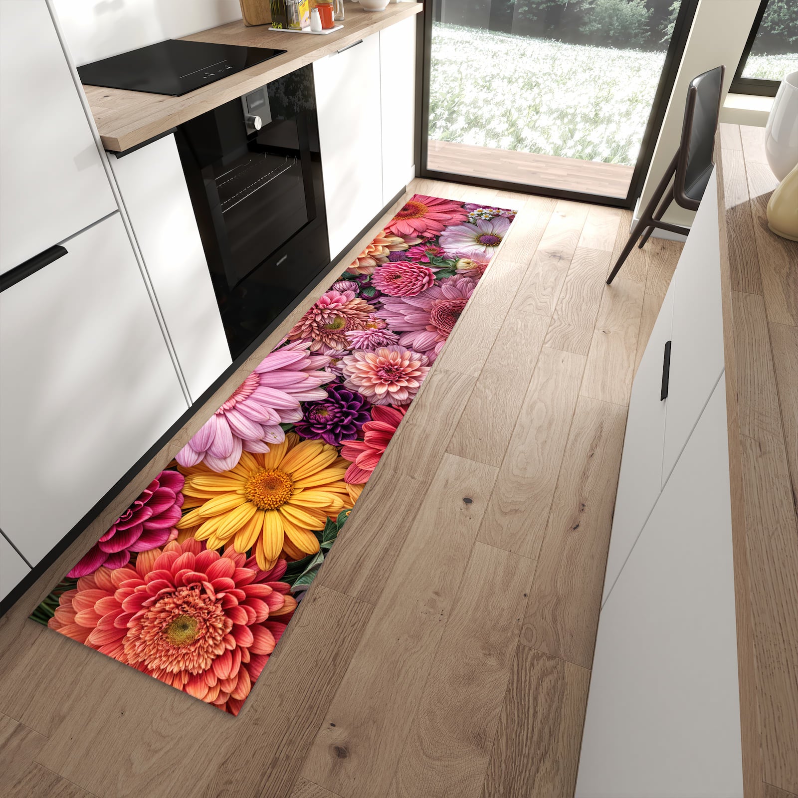 Wasserabweisender Teppich für Esstisch mit Motiv Bunte Blumenpracht in moderner Küche