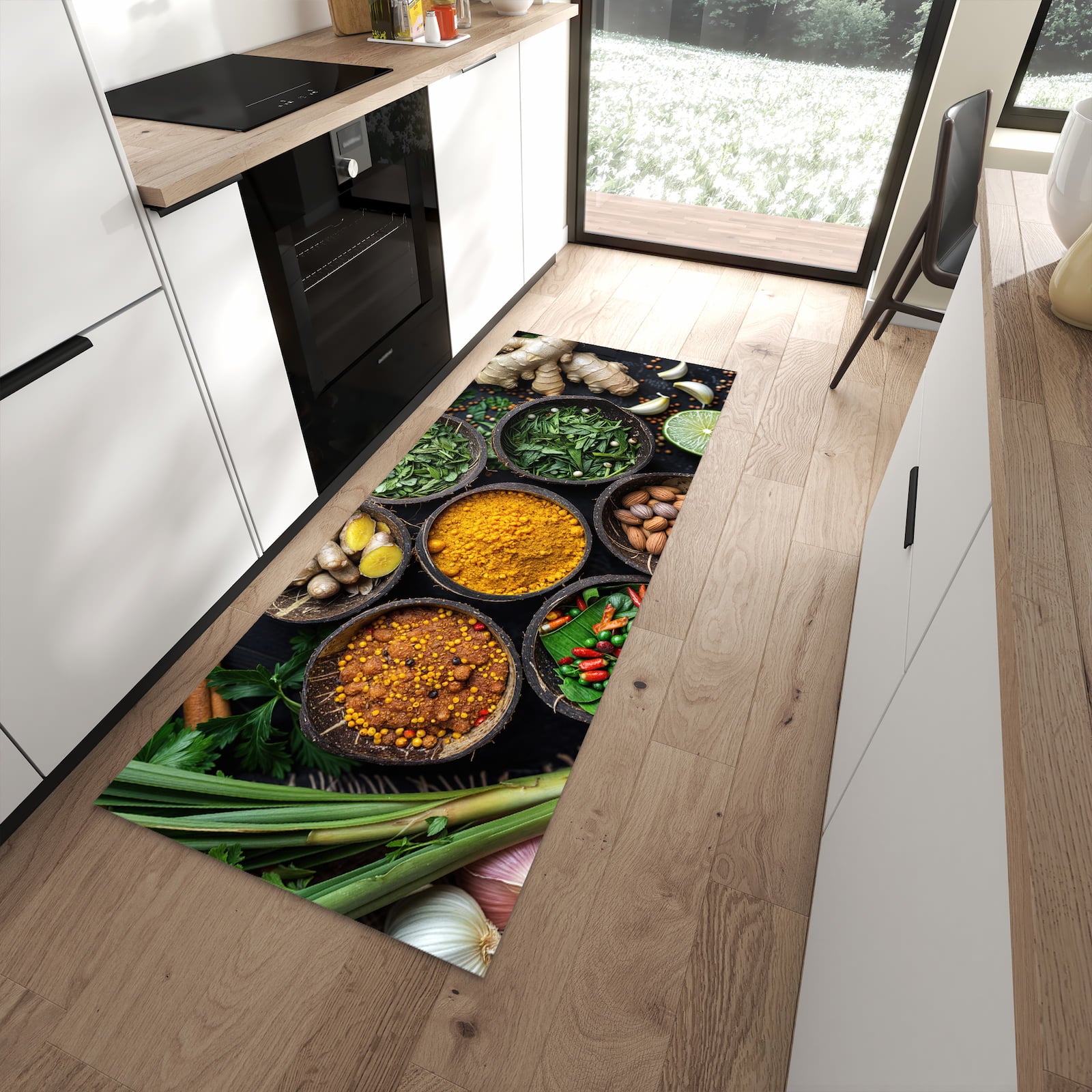 Flacher Küchenteppich mit Motiv Gewürz Variationen in moderner Küche
