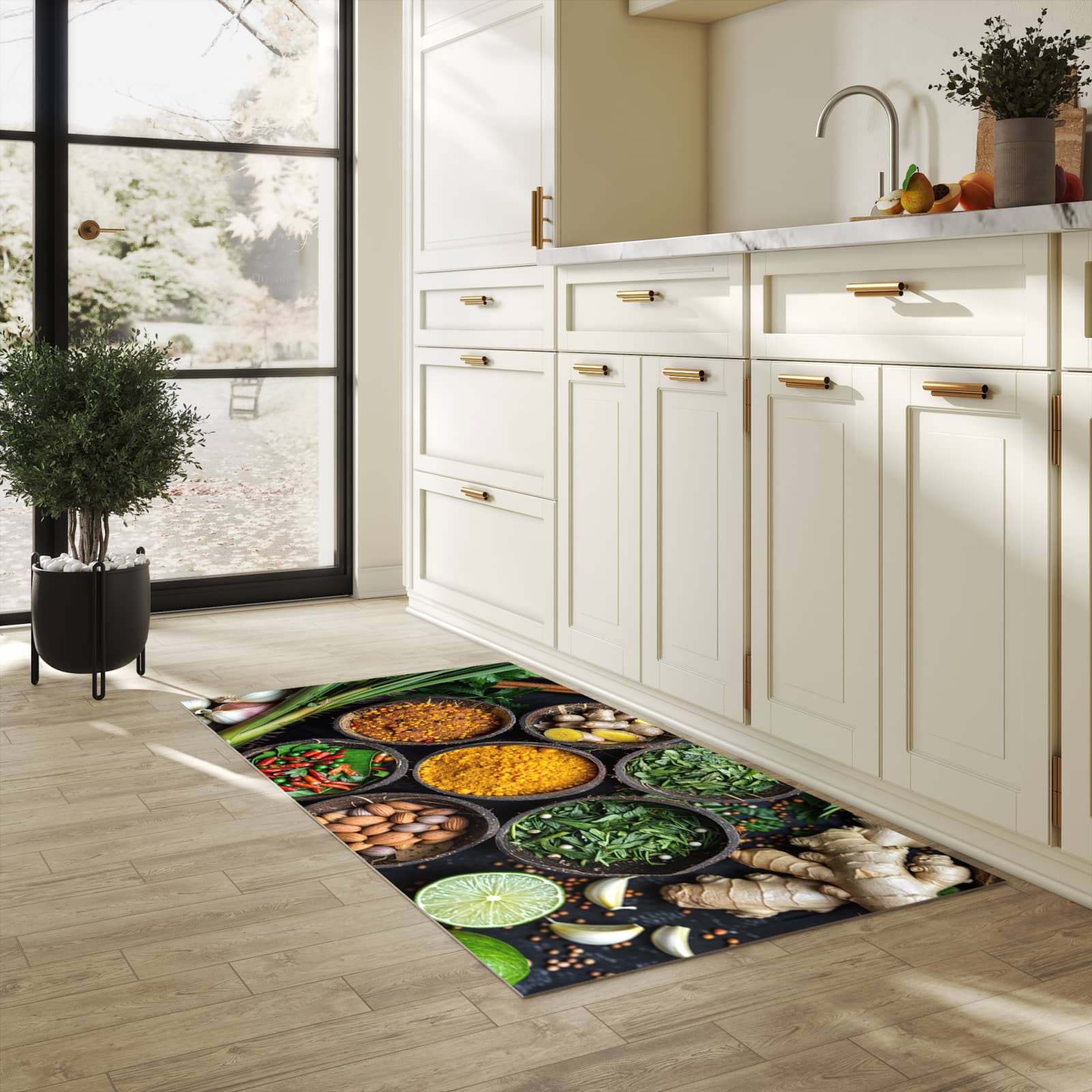 Strapazierfähiger dünner Küchenteppich mit Motiv Gewürz Variationen in heller Küche