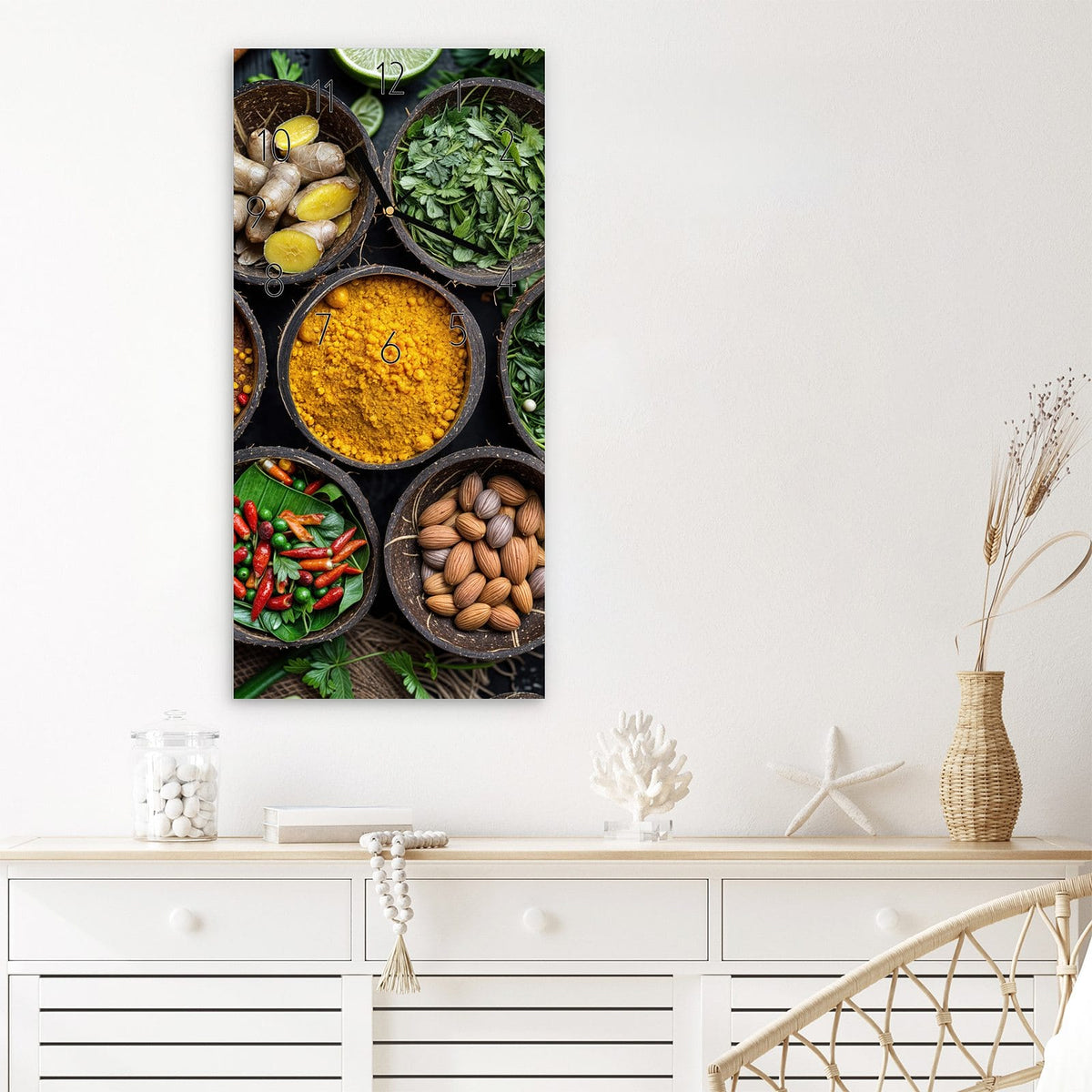 Wanduhr Gewürz Variationen aus Glas – Hochformat 30 × 60 cm – Gewürze in Kokosnussschalen