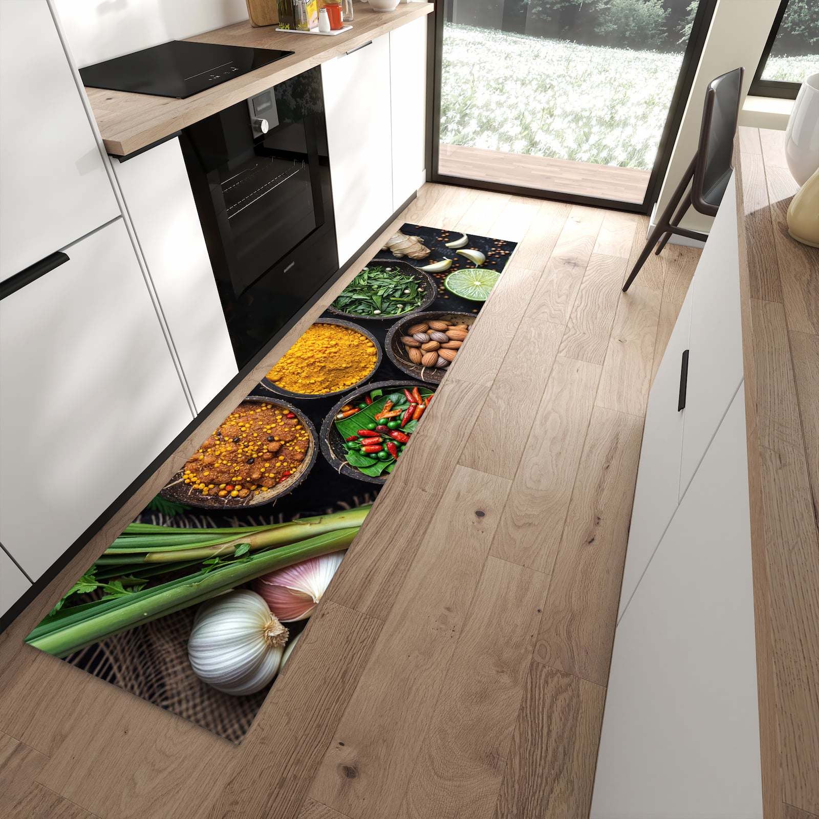 Fleckenresistenter abwaschbarer Küchenteppich mit Motiv Gewürz Variationen in moderner Küche