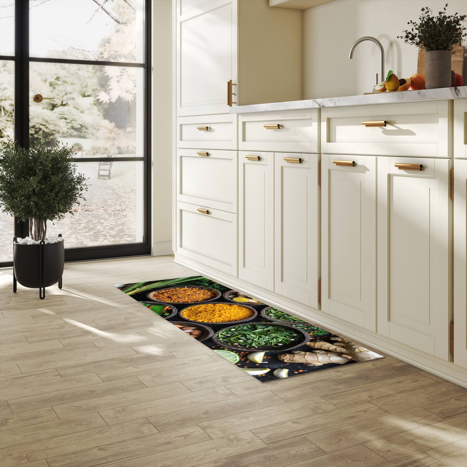 Geruchsneutraler Küchenläufer mit Motiv Gewürz Variationen in heller Küche