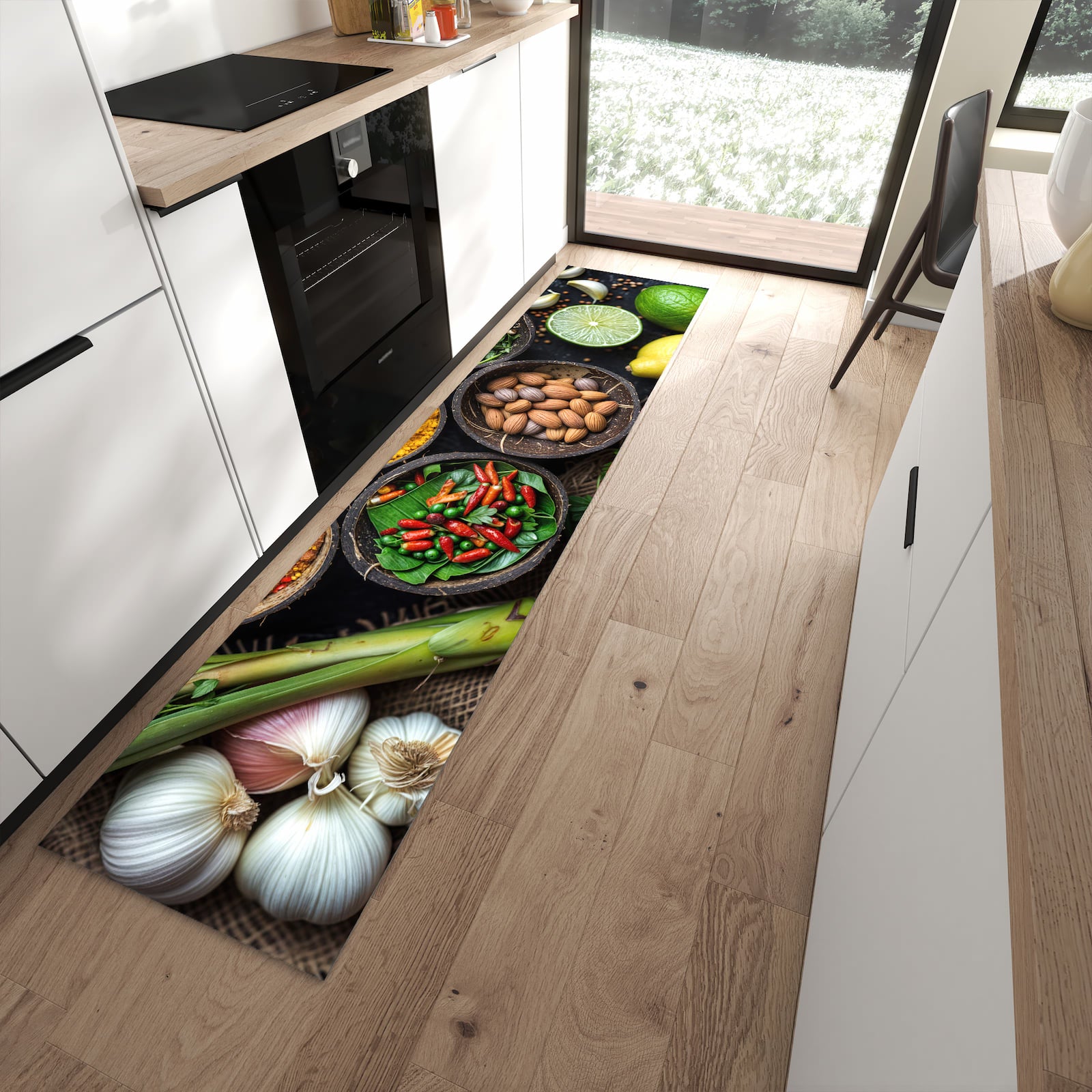 Schmutzabweisender Küchenläufer mit Motiv Gewürz Variationen in moderner Küche