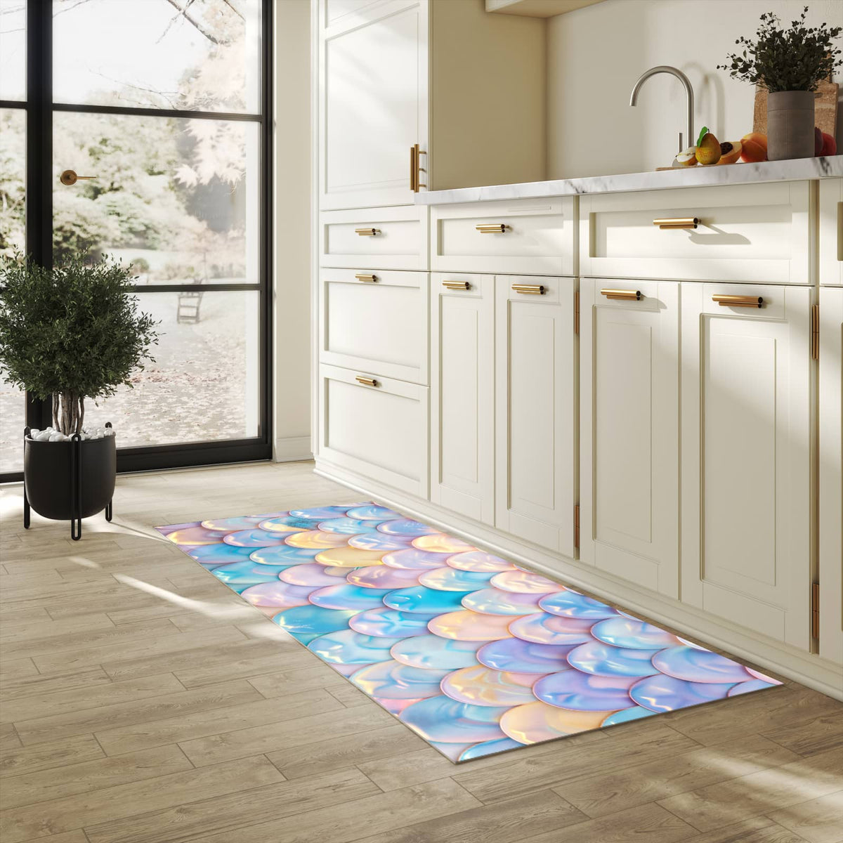 Langlebiger Küchenteppich mit Motiv Schuppen Mix Pastell in heller Küche