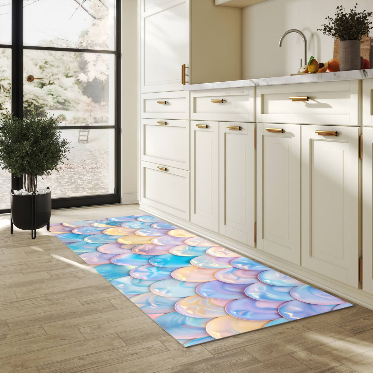 Wasserabweisender Küchenvorleger mit Motiv Schuppen Mix Pastell in heller Küche
