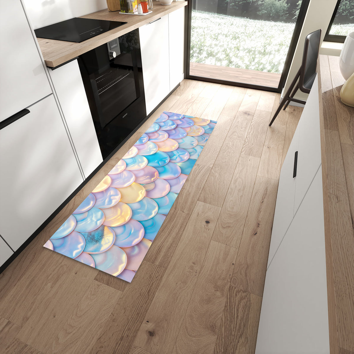 Rutschfester Küchenteppich mit Motiv Schuppen Mix Pastell in moderner Küche