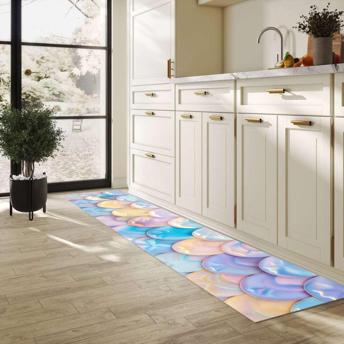 Strapazierfähiger Küchenteppich mit Motiv Schuppen Mix Pastell in heller Küche
