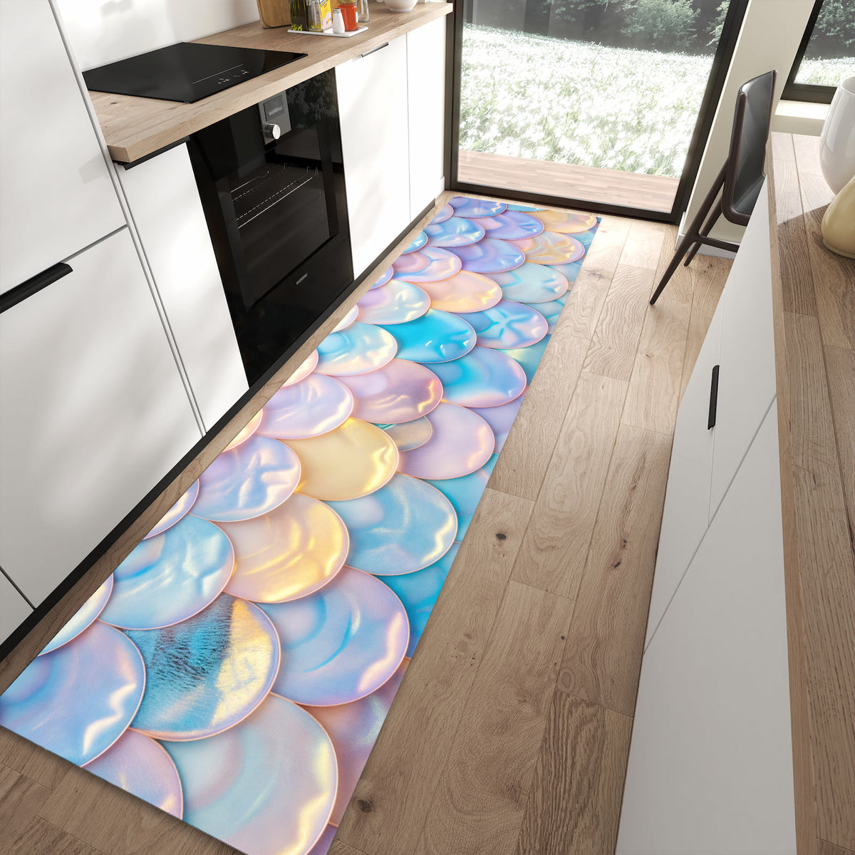 Zeitsparender rutschfester Küchenläufer mit Motiv Schuppen Mix Pastell in moderner Küche