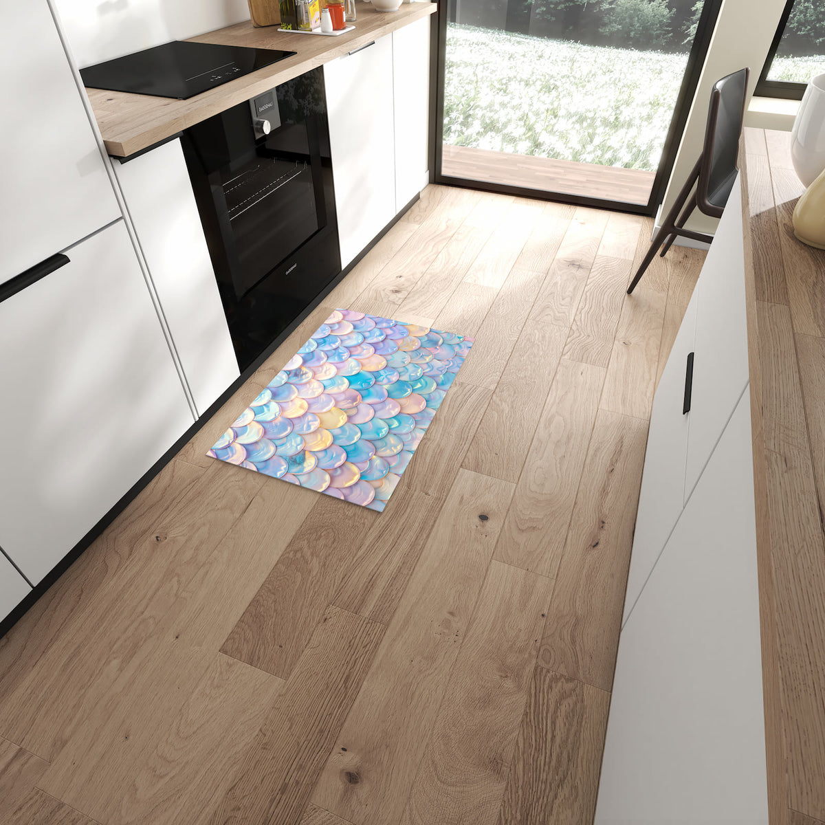 Bodenschonender Küchenläufer mit Motiv Schuppen Mix Pastell in moderner Küche