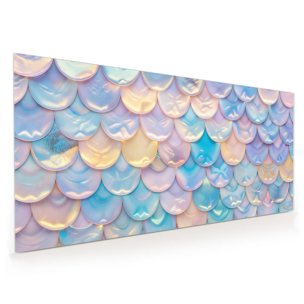 Küchenrückwand aus Glas im Hochformat mit Motiv Schuppen in Pastell: Perlmuttartige Halbkreis-Schuppen in Hellblau, Rosa und Gelb