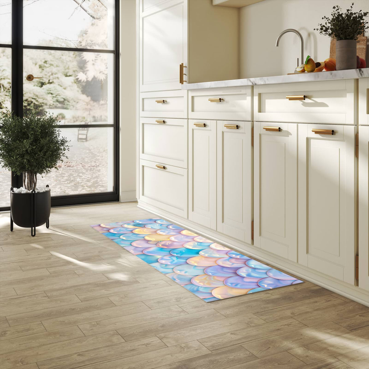 Pflegeleichter Küchenteppich mit Motiv Schuppen Mix Pastell in heller Küche