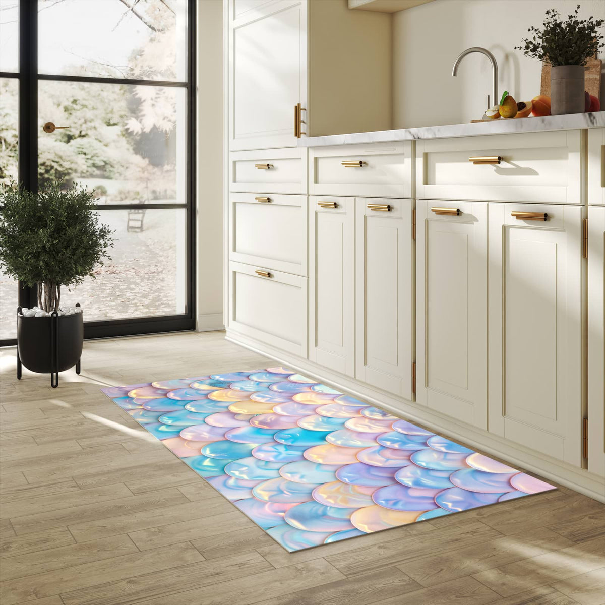 Küchenteppich mit Motiv Schuppen Mix Pastell für Trittkomfort in heller Küche
