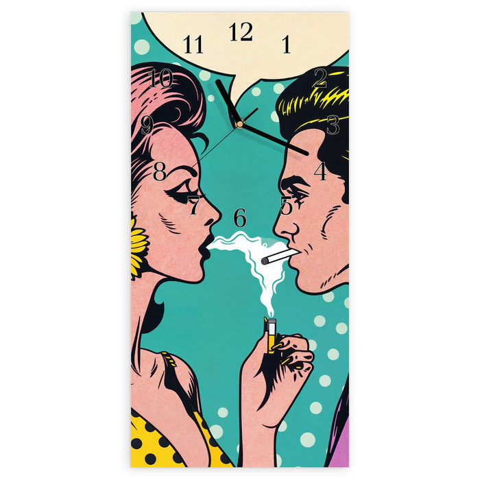 Wanduhr Retro Pop Art Duo aus Glas – Hochformat 30 × 60 cm mit Ziffernblatt Klassisch