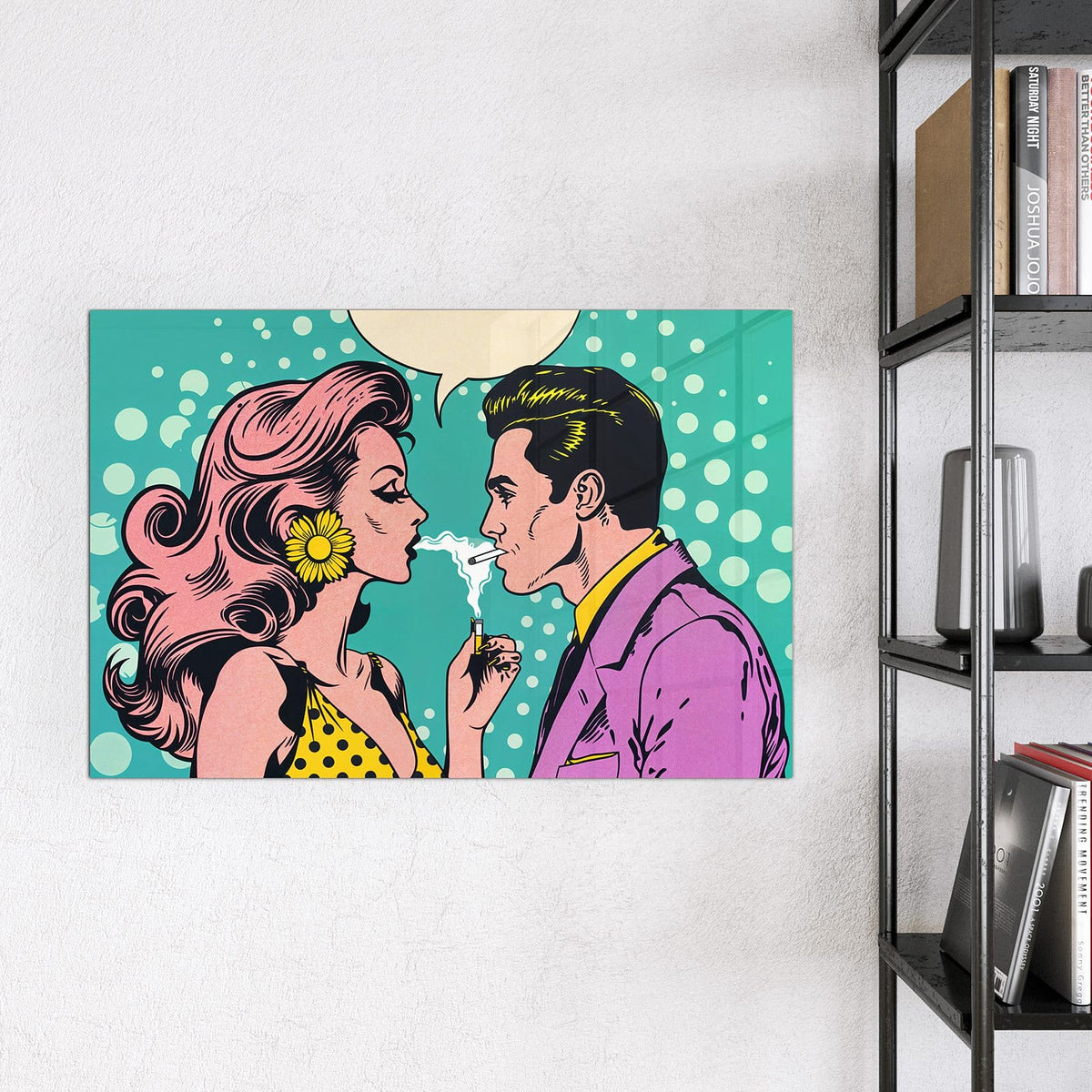 Magnettafel - Paar mit Sprechblase – Pop-Art-Paar vor Punkten
