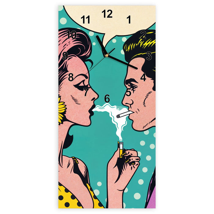 Wanduhr Retro Pop Art Duo aus Glas – Hochformat 30 × 60 cm mit Ziffernblatt Modern