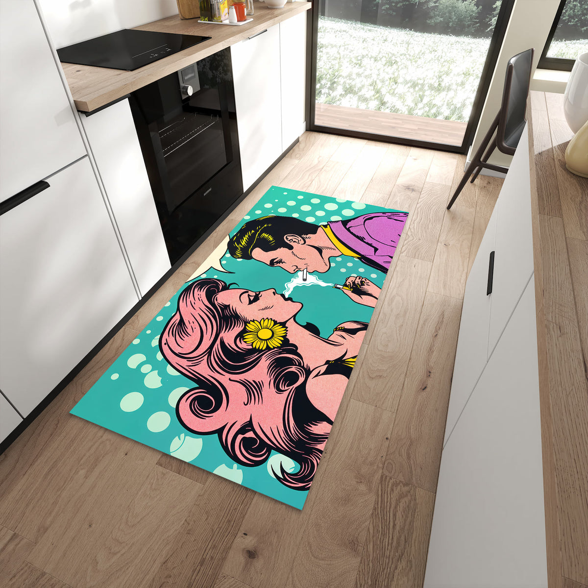 Hygienischer Küchenteppich mit Motiv Retro Pop Art Duo in moderner Küche - leicht waschbar