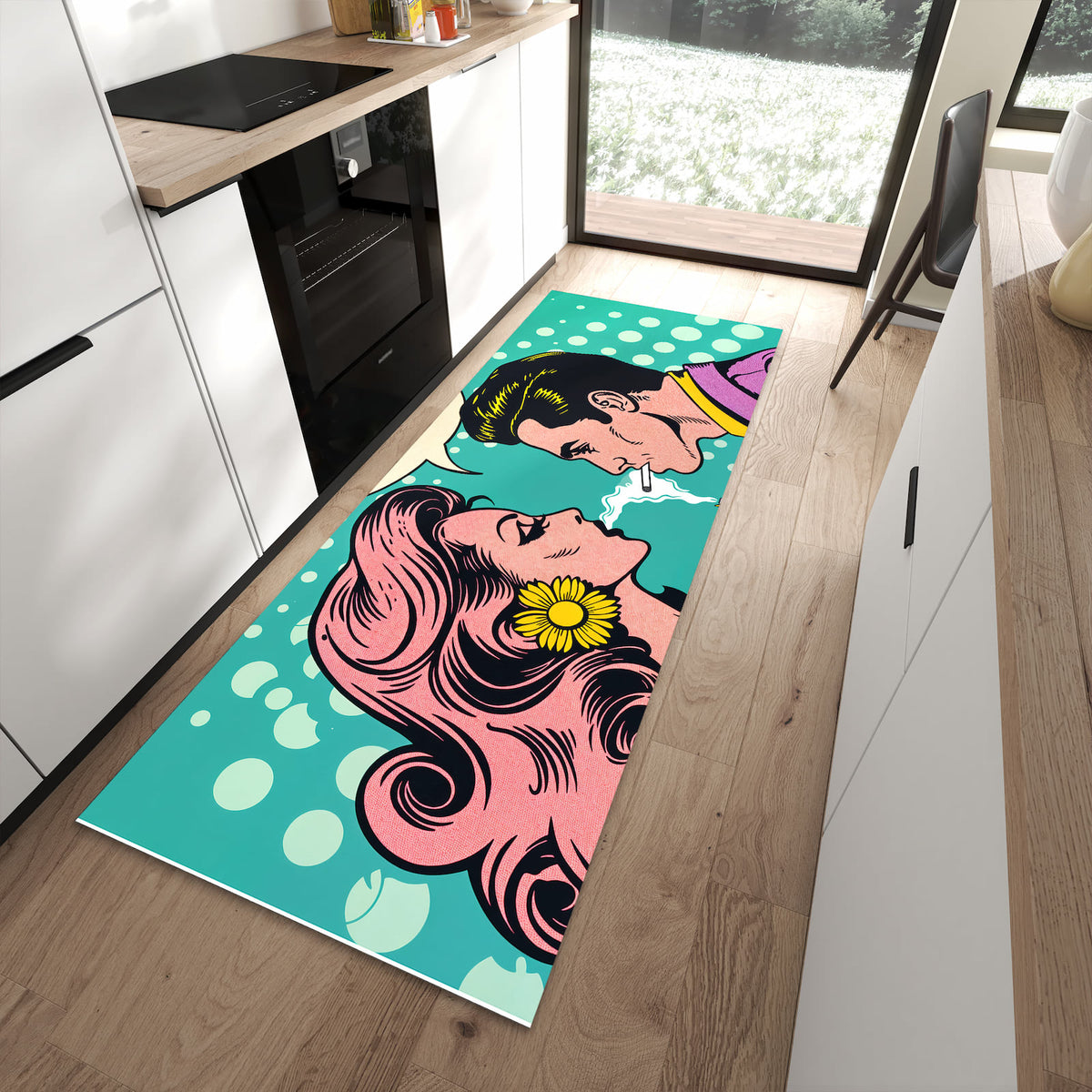 Strapazierfähiger waschbarer Küchenteppich mit Motiv Retro Pop Art Duo in moderner Küche