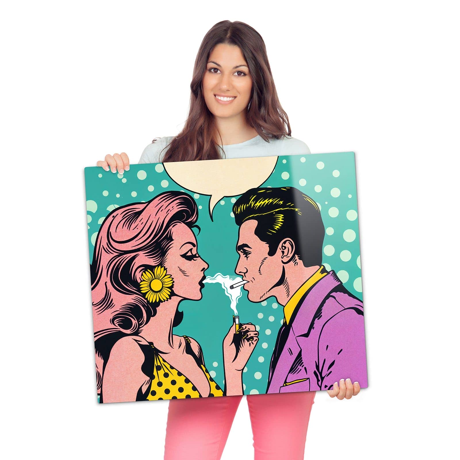 Herdabdeckplatte mit Retro Pop Art Duo-Motiv wird zur Größendarstellung gehalten