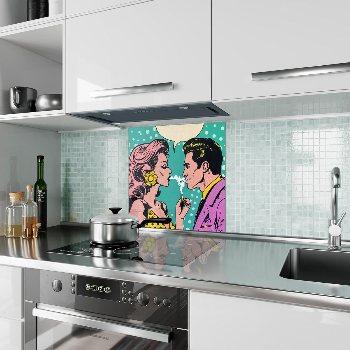 Küchenrückwand Paar mit Sprechblase aus Glas – Pop-Art-Paar vor Punkten