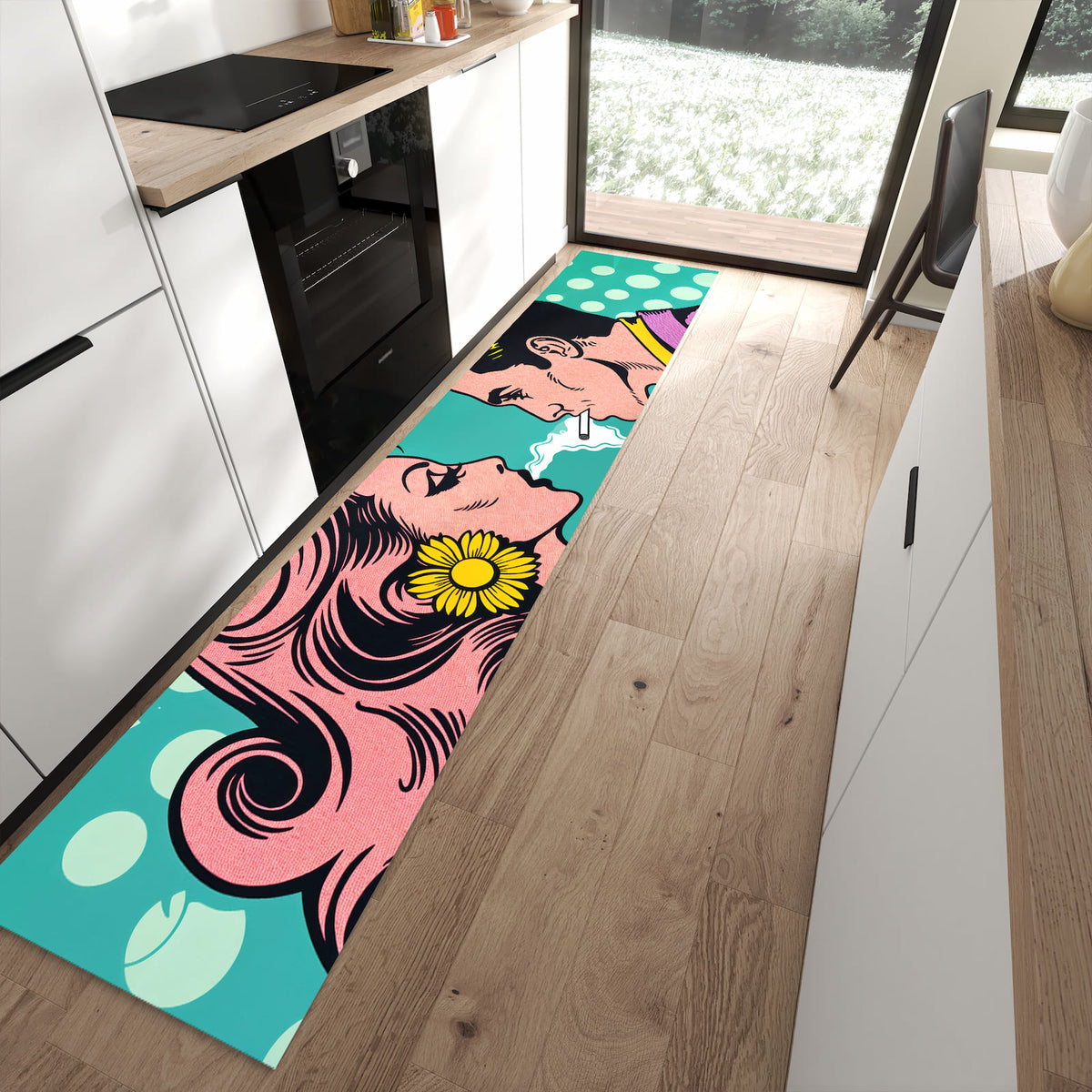 Flacher Bodenläufer mit Motiv Retro Pop Art Duo in moderner Küche