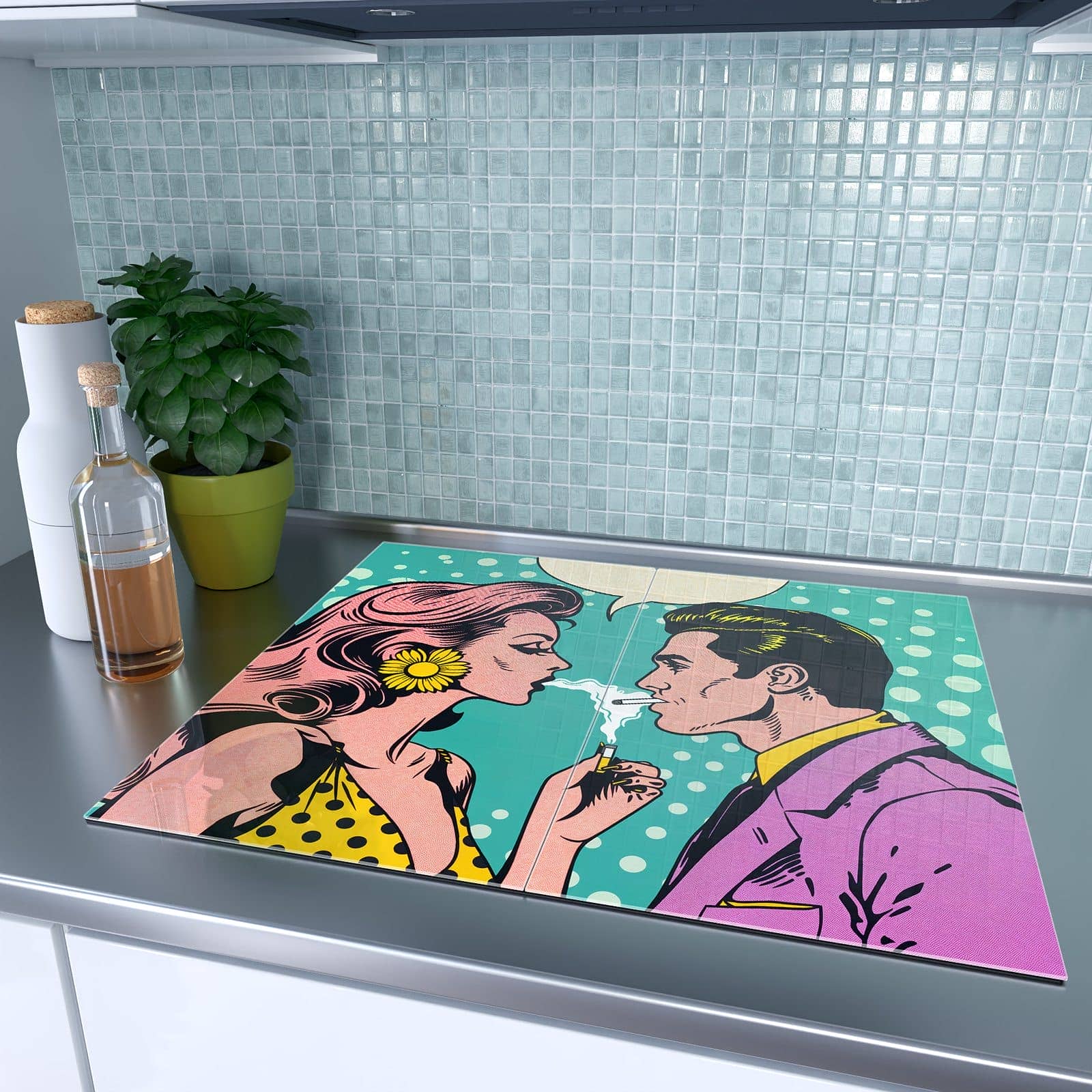 2-teilige Ceranfeld Abdeckungen mit Retro Pop Art Duo-Motiv auf dem Ceranfeld