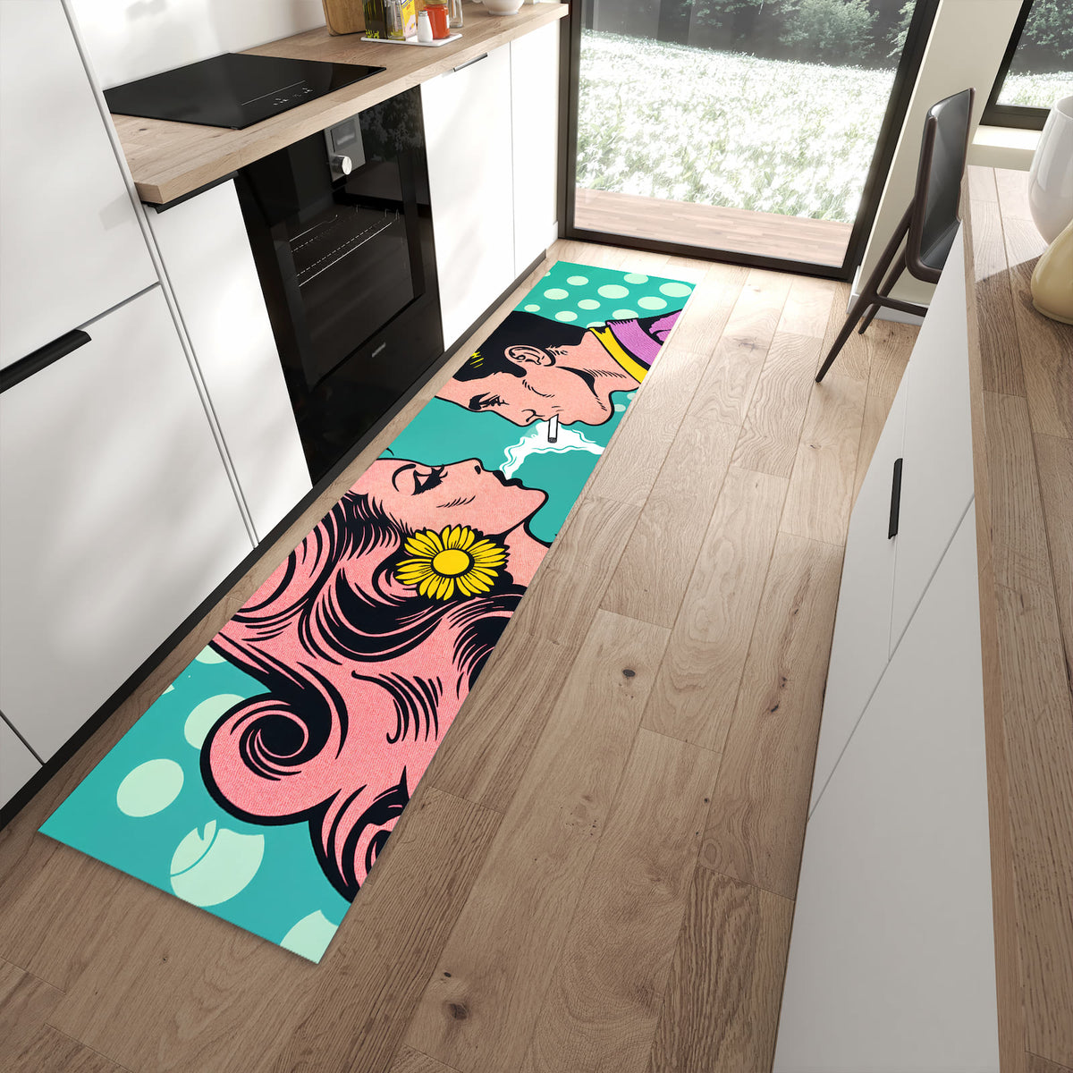 Langlebiger Bodenläufer mit Motiv Retro Pop Art Duo in moderner Küche