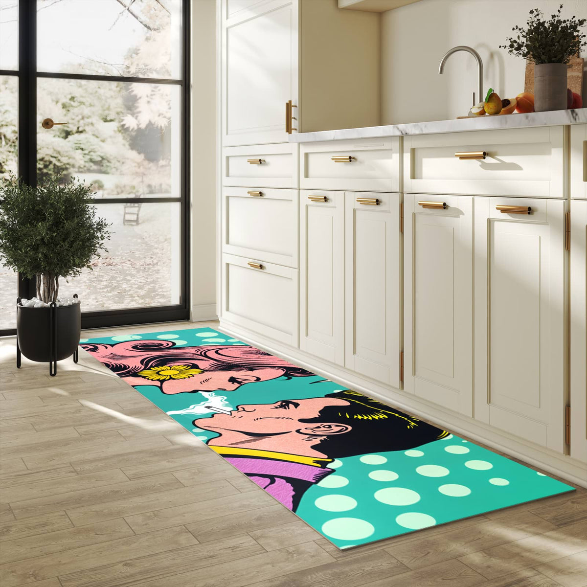 Geruchsneutraler Küchenläufer nach Maß mit Motiv Retro Pop Art Duo in heller Küche