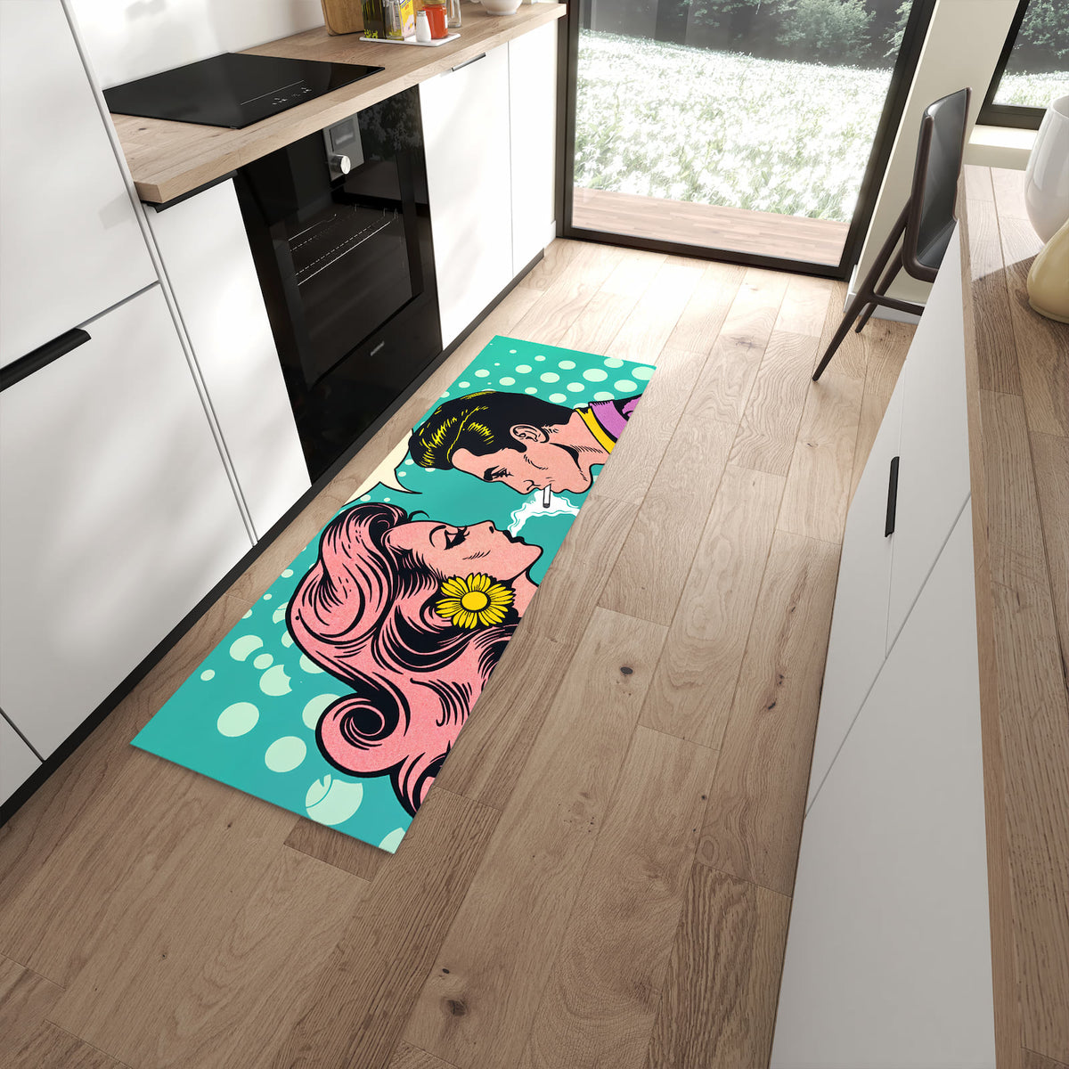Schmutzabweisender Teppich für Esstisch mit Motiv Retro Pop Art Duo in moderner Küche