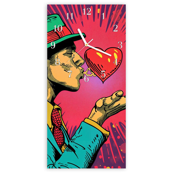 Wanduhr Kuss der Liebe aus Glas – Hochformat 30 × 60 cm mit Ziffernblatt Klassisch