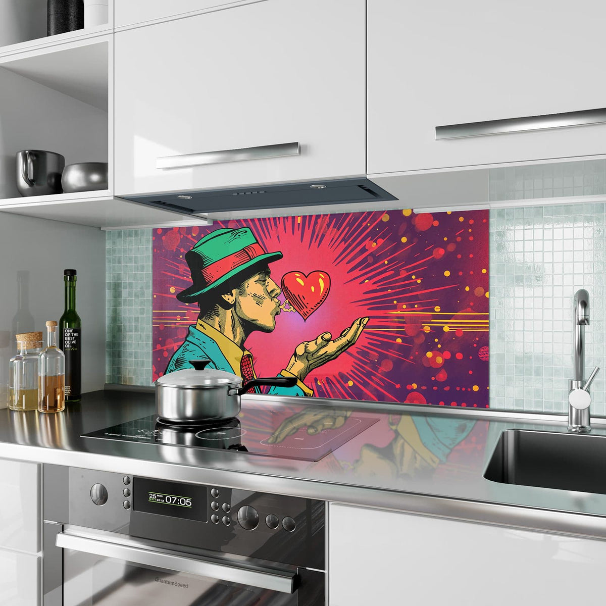 Küchenrückwand aus Glas Mann mit rotem Herz im Hochformat als Spritzschutz hinter dem Kochfeld, über dem Fliesenspiegel montiert