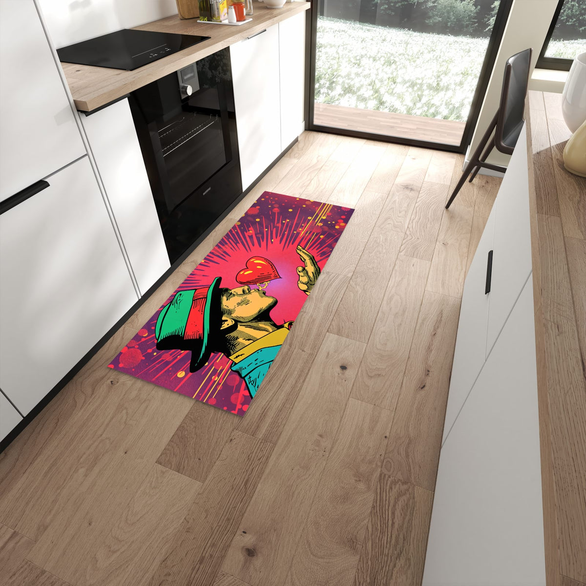 Feuchtigkeitsresistenter Küchenvorleger mit Motiv Kuss der Liebe in moderner Küche #grösse_60 x 150 cm