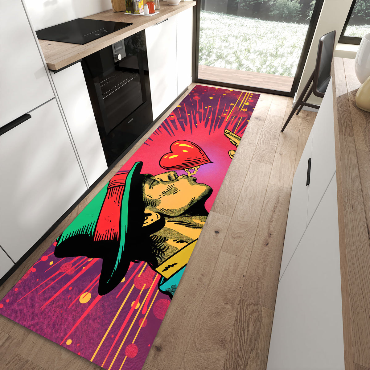 Abriebfester rutschfester Läufer mit Motiv Kuss der Liebe in moderner Küche