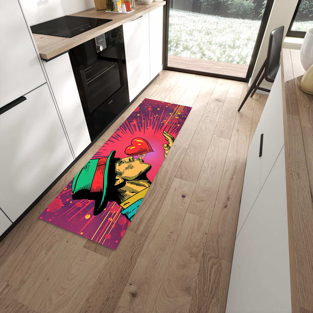 Bodenschonender Küchenteppich mit Motiv Kuss der Liebe in moderner Küche