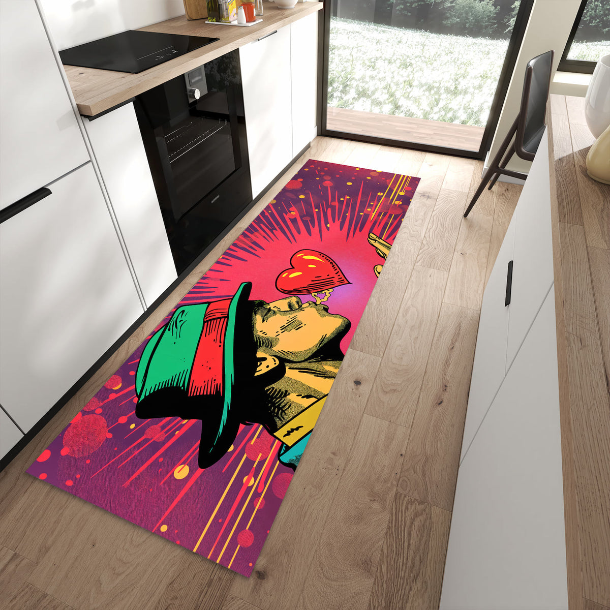 Zeitsparender langer Teppich mit Motiv Kuss der Liebe in moderner Küche