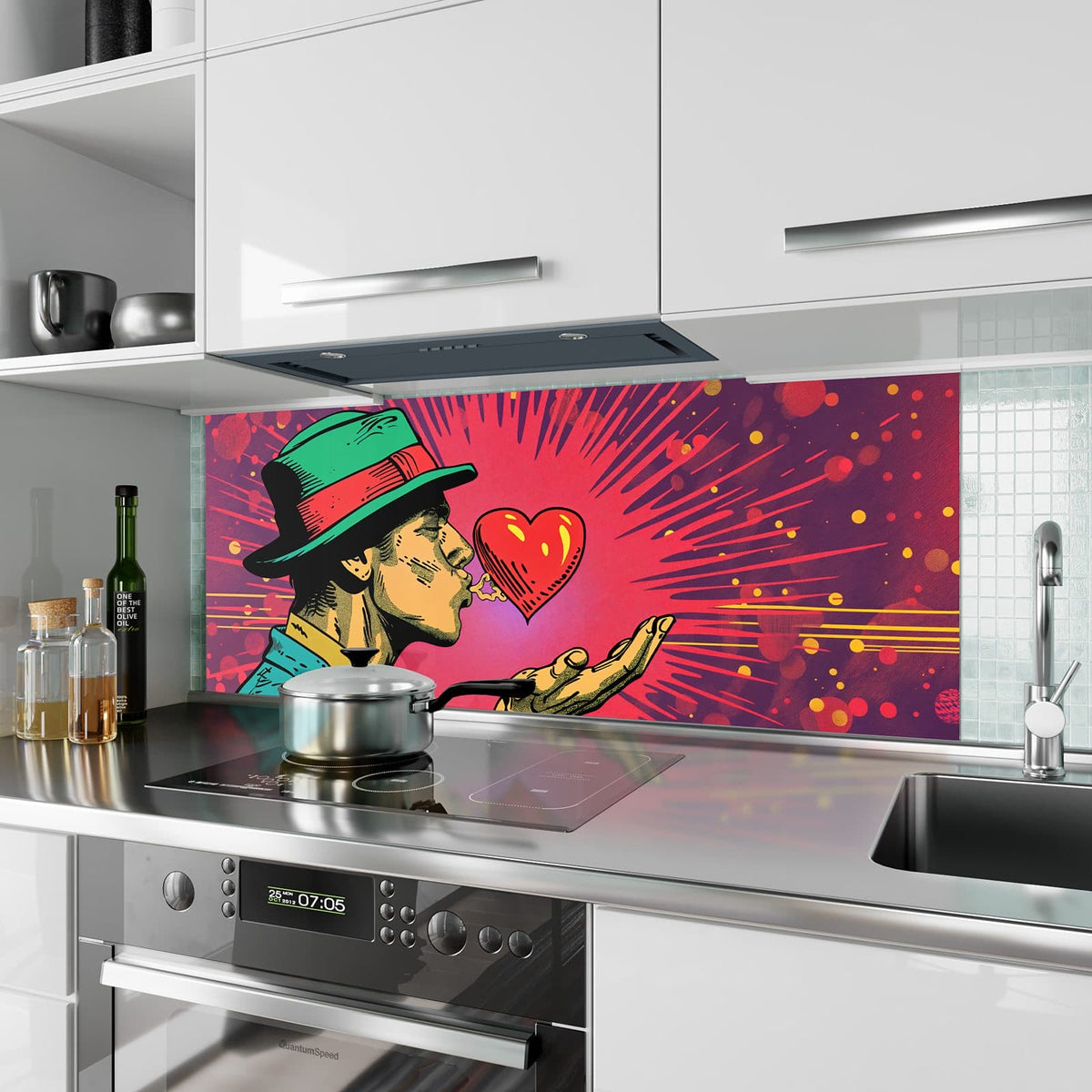 Küchenrückwand aus Glas Mann mit rotem Herz im Hochformat als Spritzschutz hinter dem Kochfeld, über dem Fliesenspiegel montiert