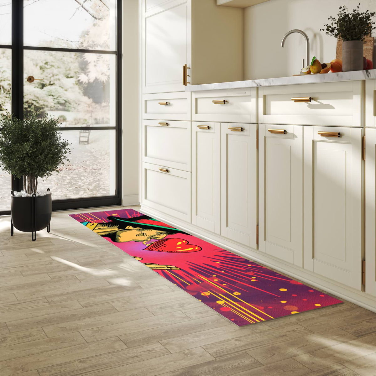 Waschbarer Küchenteppich mit Motiv Kuss der Liebe in heller Küche