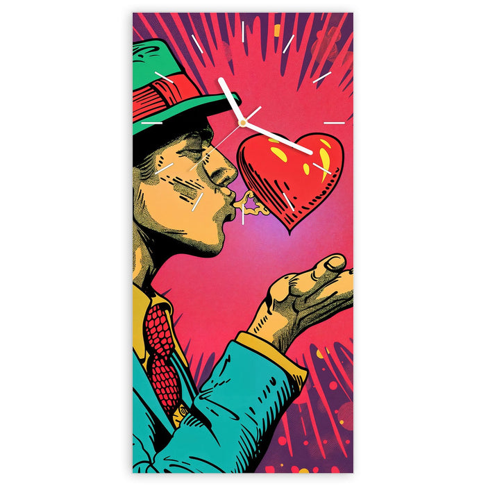 Wanduhr Kuss der Liebe aus Glas – Hochformat 30 × 60 cm mit Ziffernblatt Linie