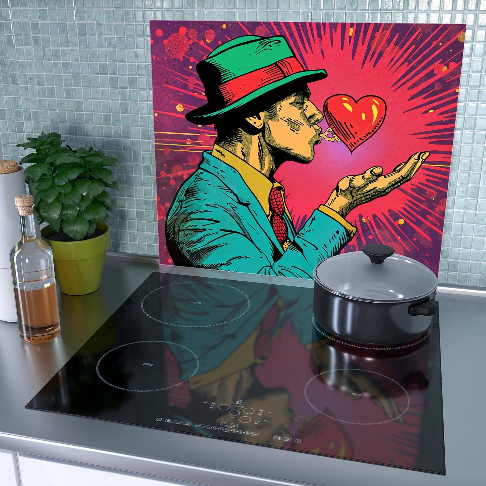 1-teilige Herdabdeckplatte mit Kuss der Liebe-Motiv als Spritzschutz hinter dem Kochfeld