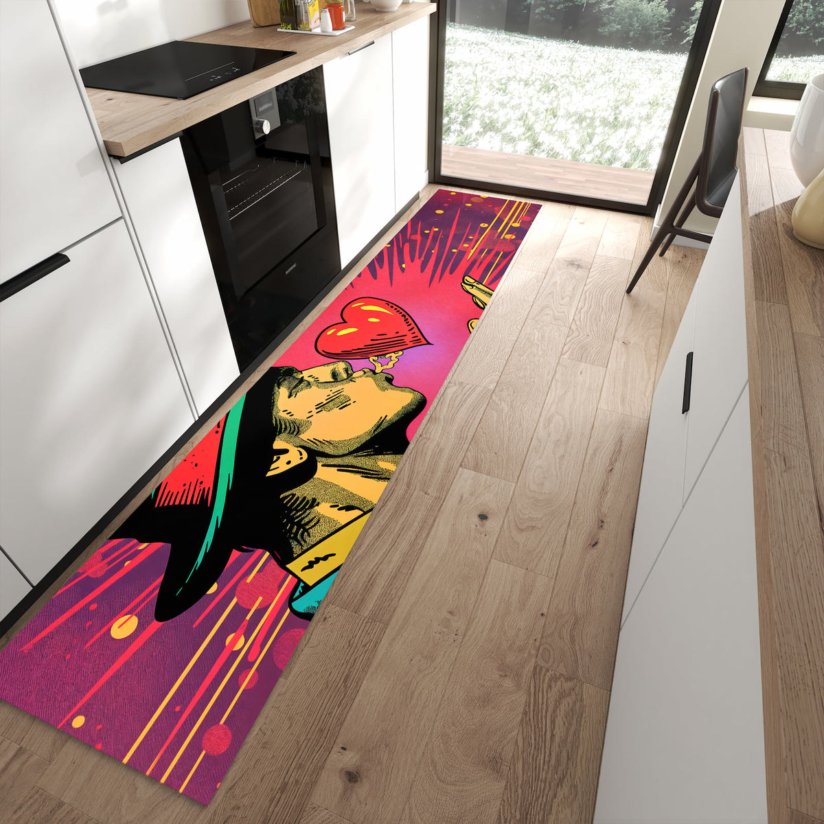 Farbbeständiger Teppichläufer mit Motiv Kuss der Liebe in moderner Küche