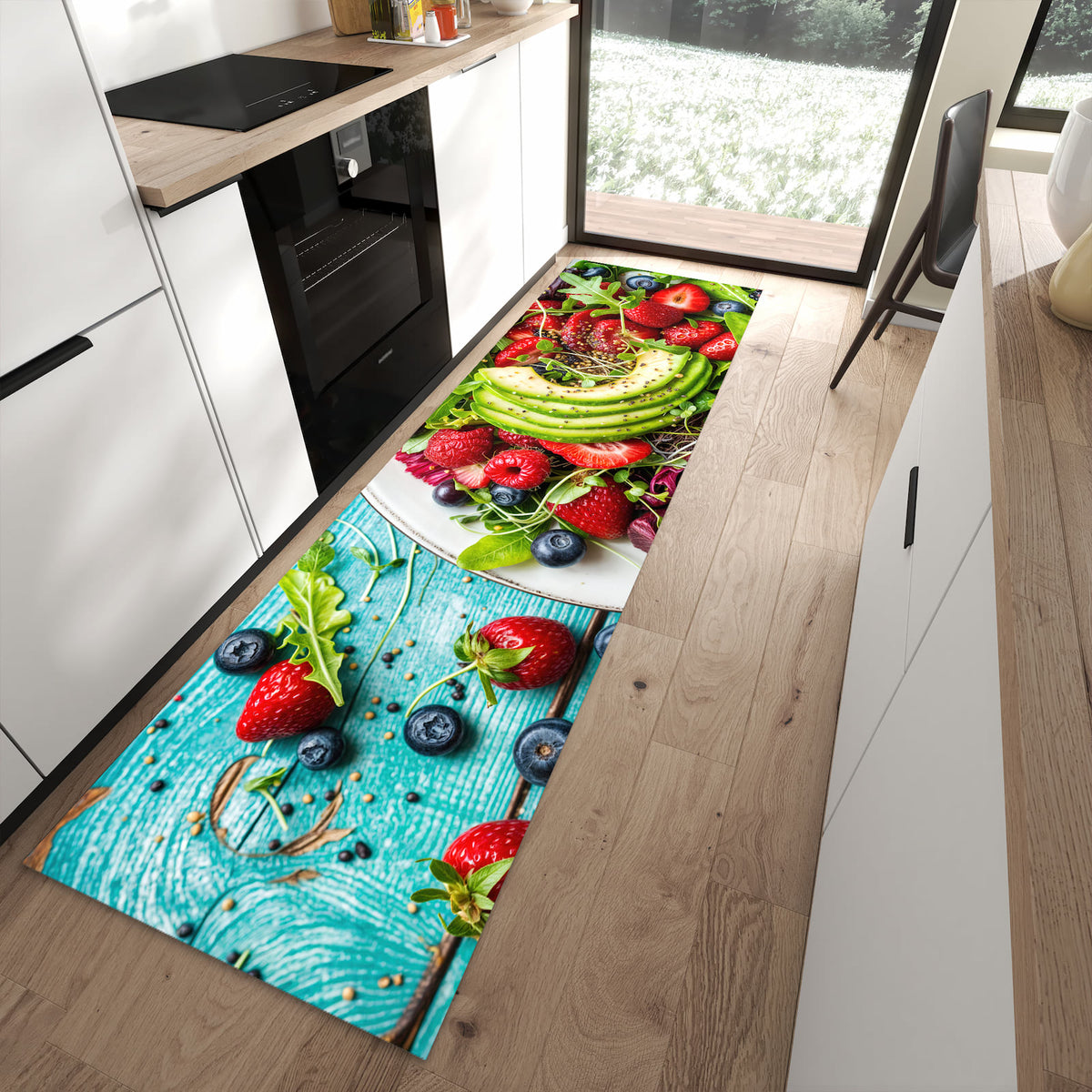 Hygienischer Küchenteppich mit Motiv Salat von Gesunder in moderner Küche