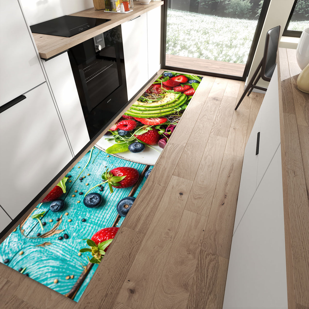 Komfortabler Küchenteppich mit Motiv Salat von Gesunder in moderner Küche