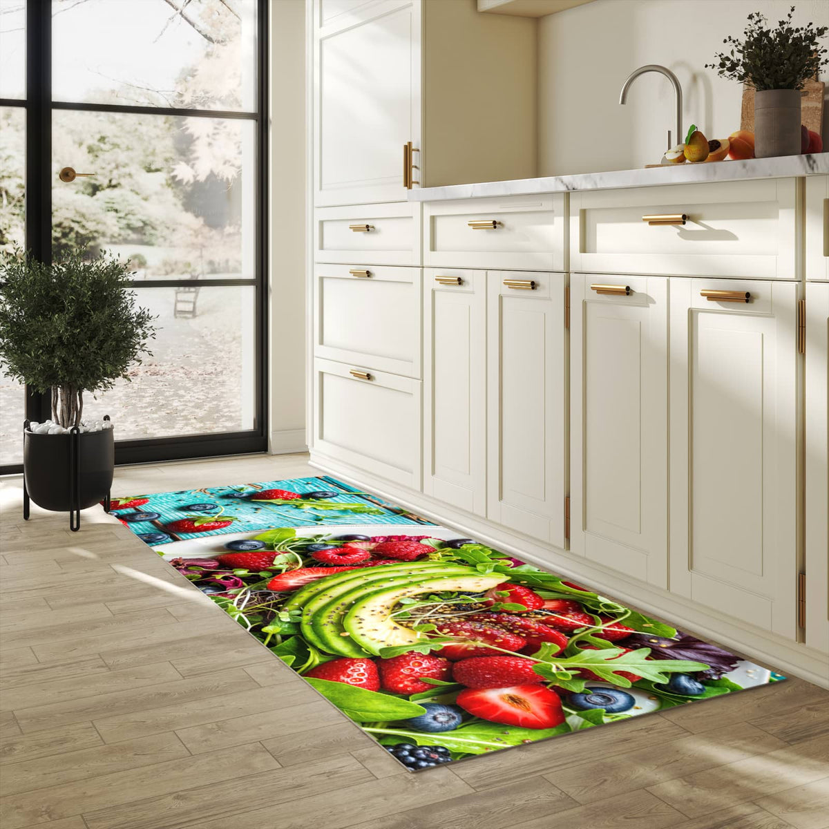 Rutschfester Teppich für Esstisch mit Motiv Salat von Gesunder in heller Küche