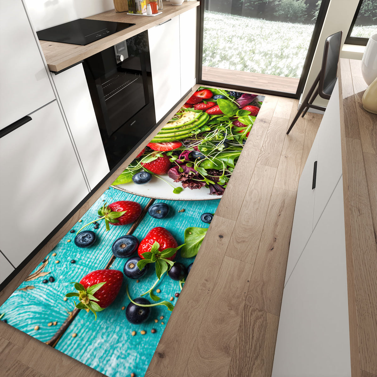 Strapazierfähiger Läufer für die Küche mit Motiv Salat von Gesunder in moderner Küche